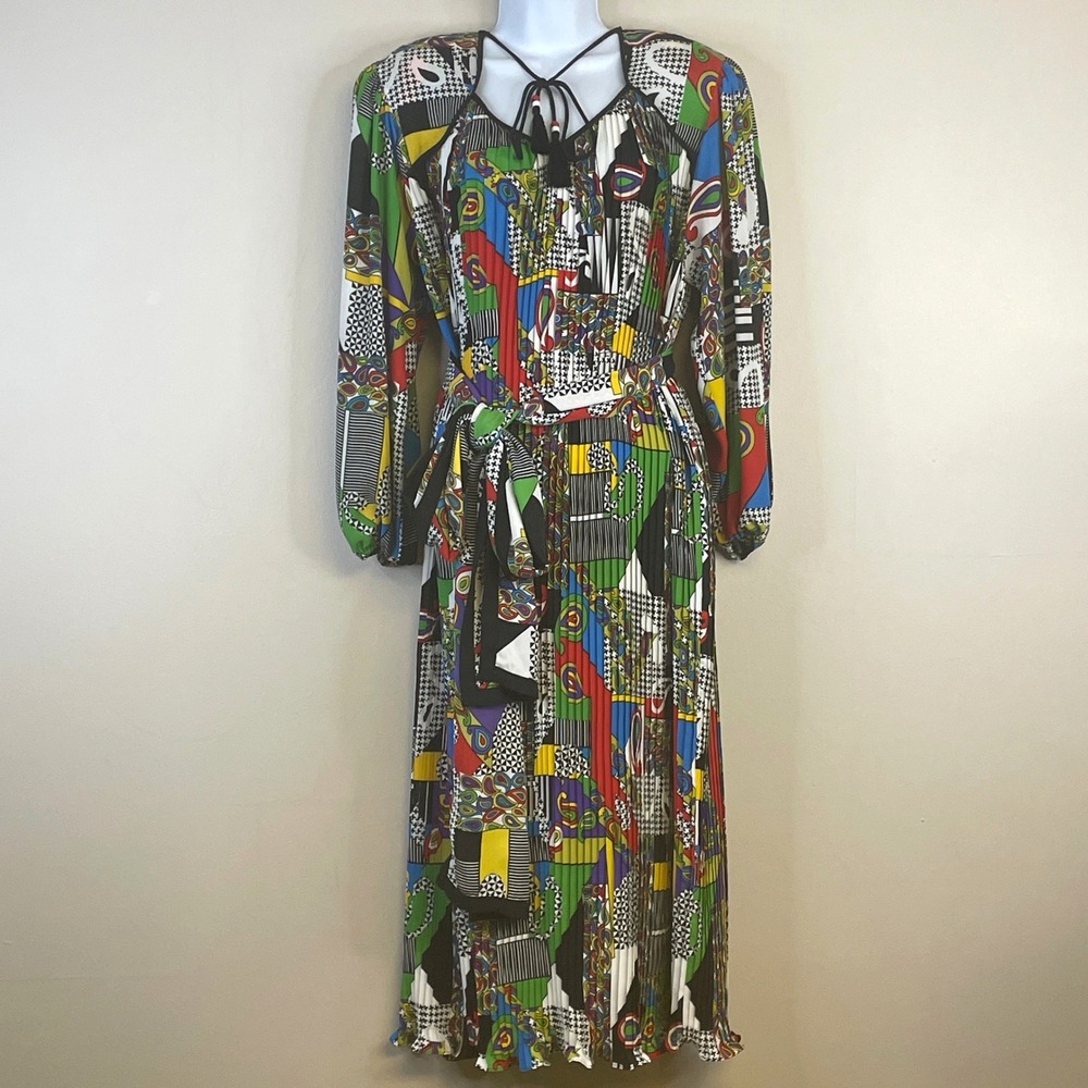 Vintage Diane Freis Original Georgette Paisley Dress L Pleated Belted Ruffle Hem